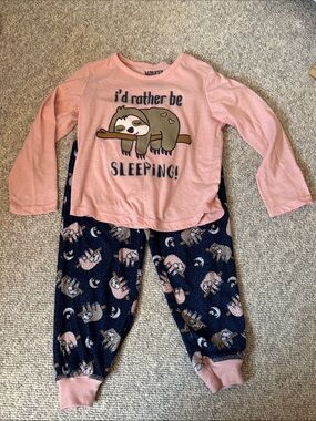 Girls Pink & Navy Sloth Pajama Set - I'd Rather Be Sleeping